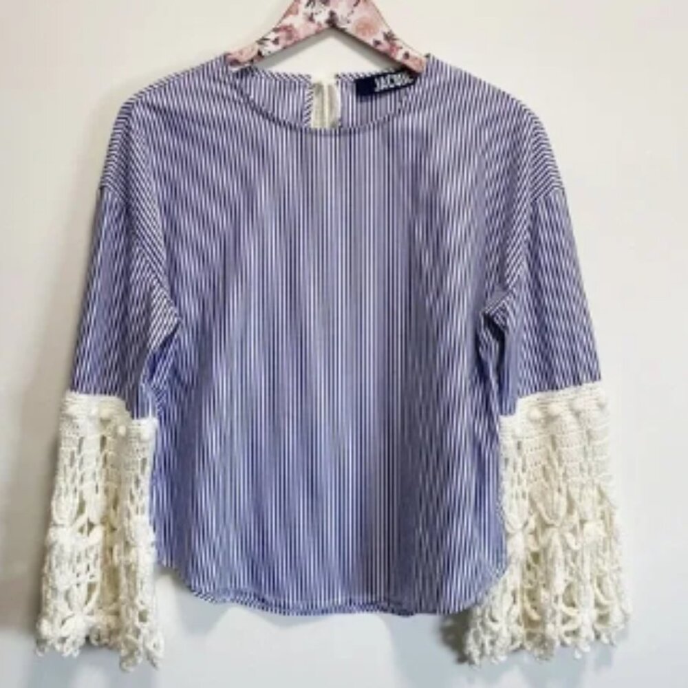 JACQUEMUS Blue Striped Crochet Sleeve Blouse Top! Women’s 38 / 6 Made In France